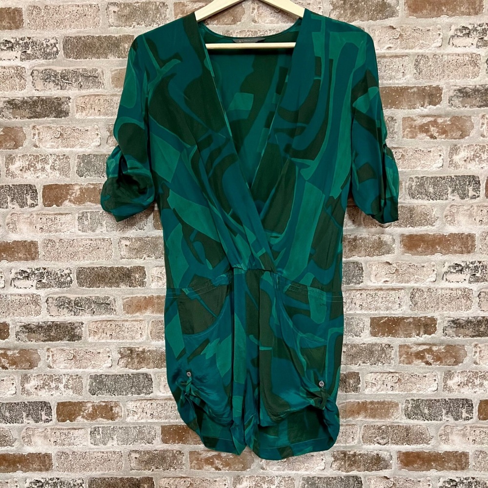 Armani Exchange Silk Romper Green Abstract Print Surplice Neckline Casual Size 4